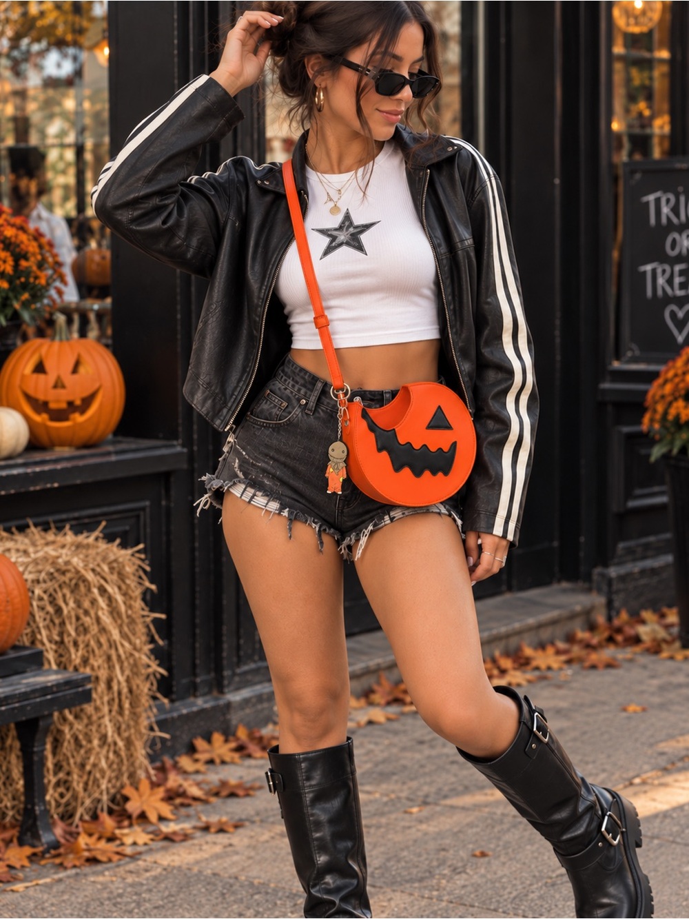 101.Trick r Treat Orange Pumpkin Jack-O'-Lantern Crossbody Bag for Women
